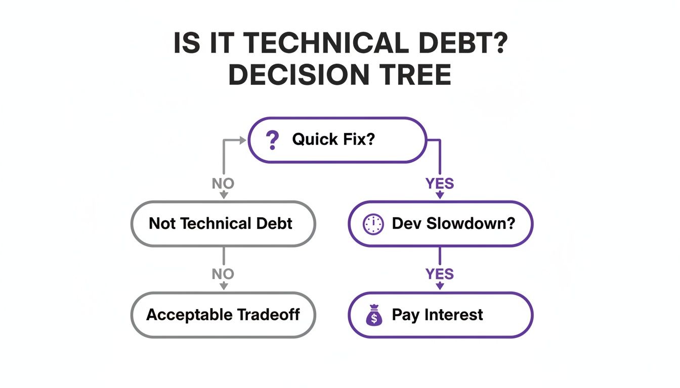 Decision tree flowchart asking 'Is it technical debt?' guiding through 'Quick Fix?' and 'Dev Slowdown?' questions.