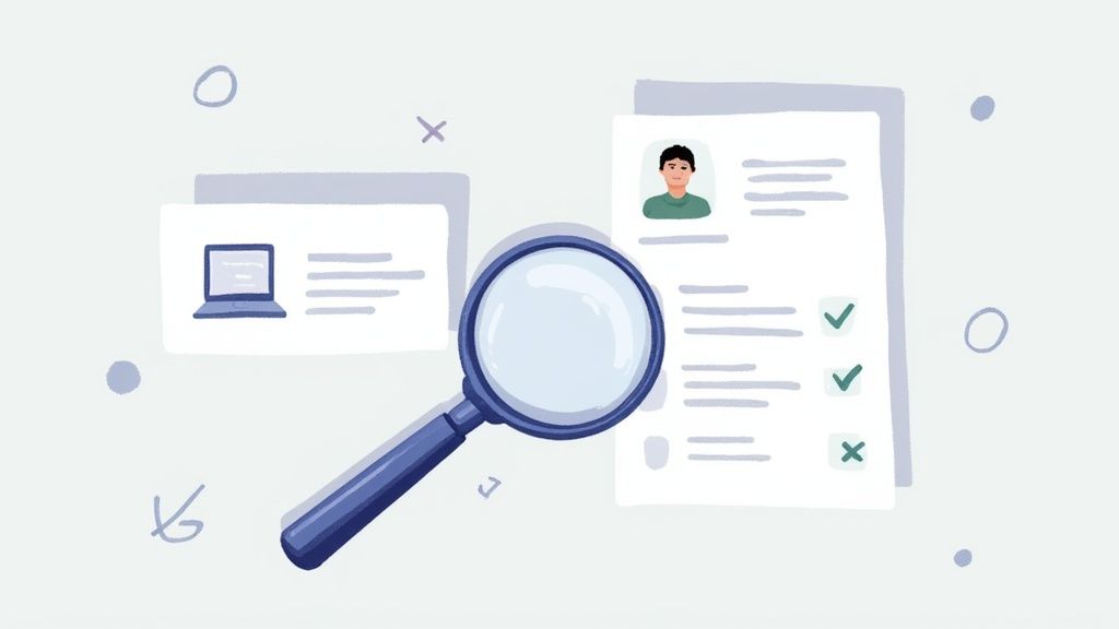 Illustration of a magnifying glass examining a job posting and a candidate's resume for hiring.