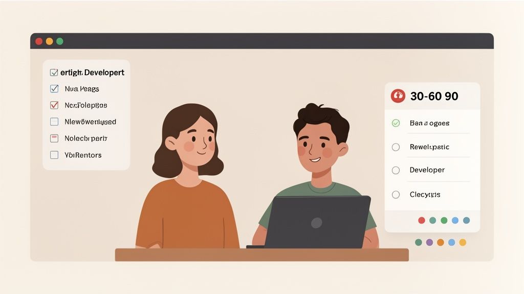 Two animated developers, a man and a woman, collaborating on a project with a laptop.