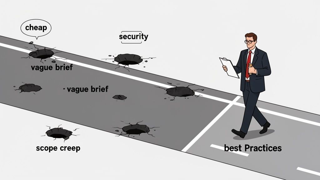 A business person walks on a smooth road labeled "best Practices", avoiding a rough road with pitfalls like "vague brief" and "scope creep".