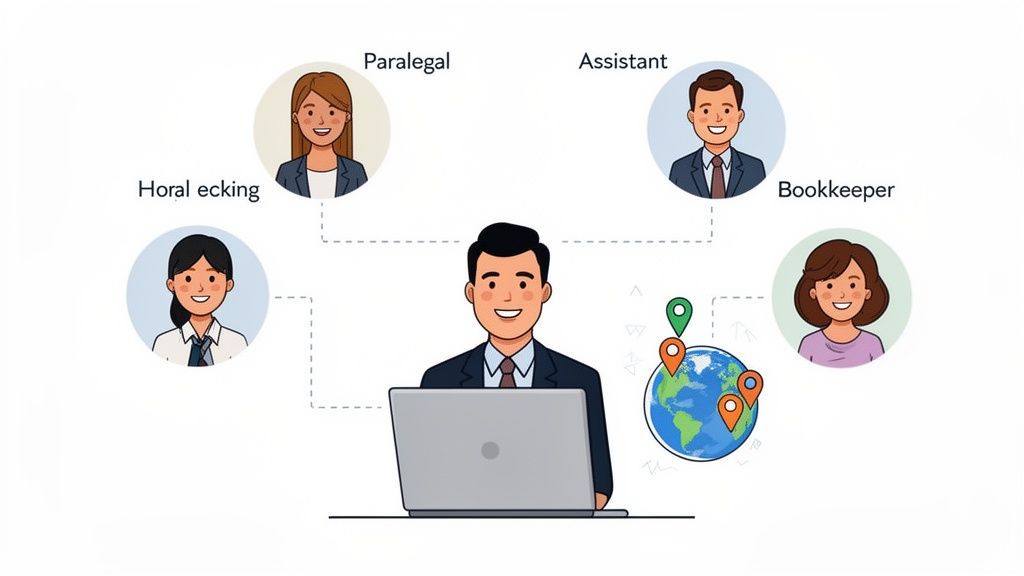 A professional using a laptop connects with remote paralegal, assistant, bookkeeper, and virtual workers globally.