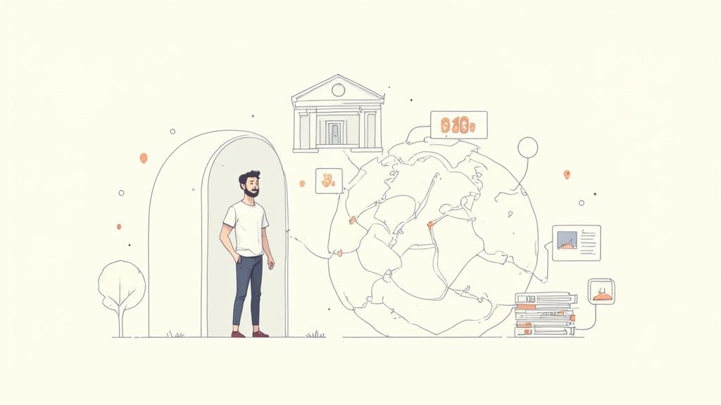 Illustration of a man contemplating international payments represented by a globe, bank, and financial data.