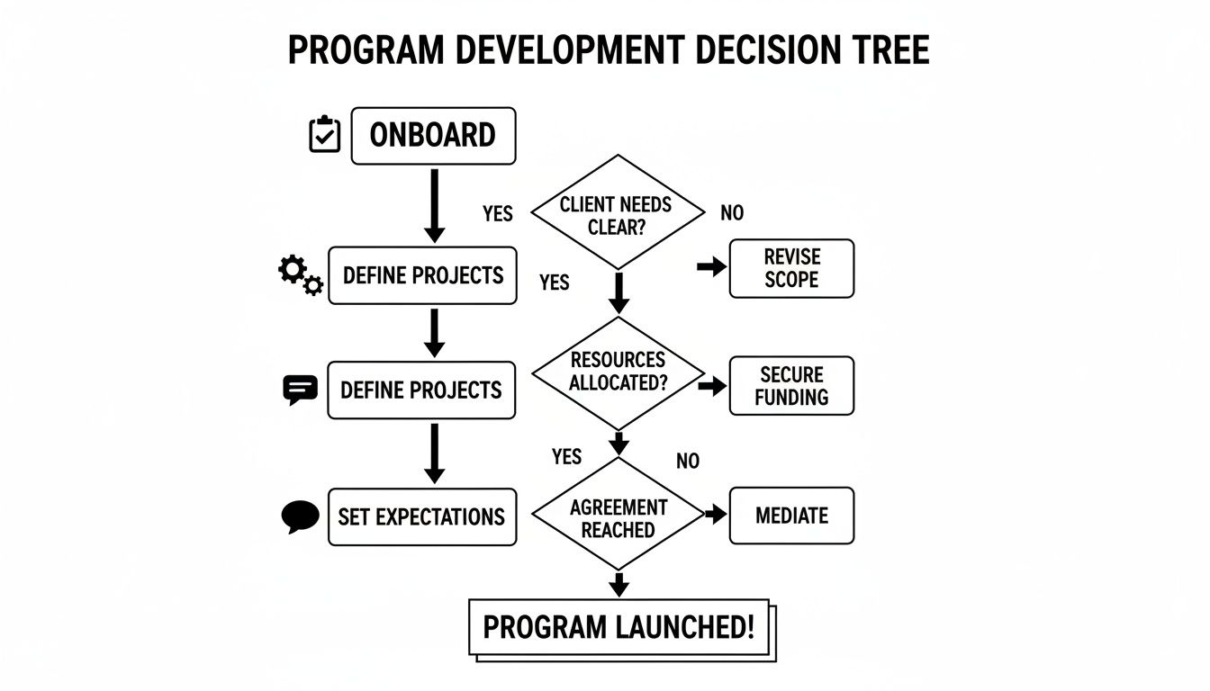 A flowchart detailing a program development decision tree, from onboarding to program launch.