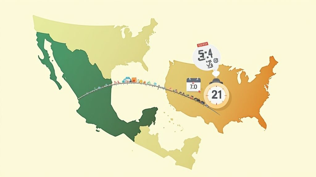 World map showing software development outsourcing journey from Mexico to United States with timeline indicators