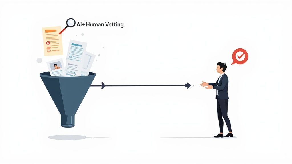 Illustration of AI and human vetting process for documents leading to approved results.