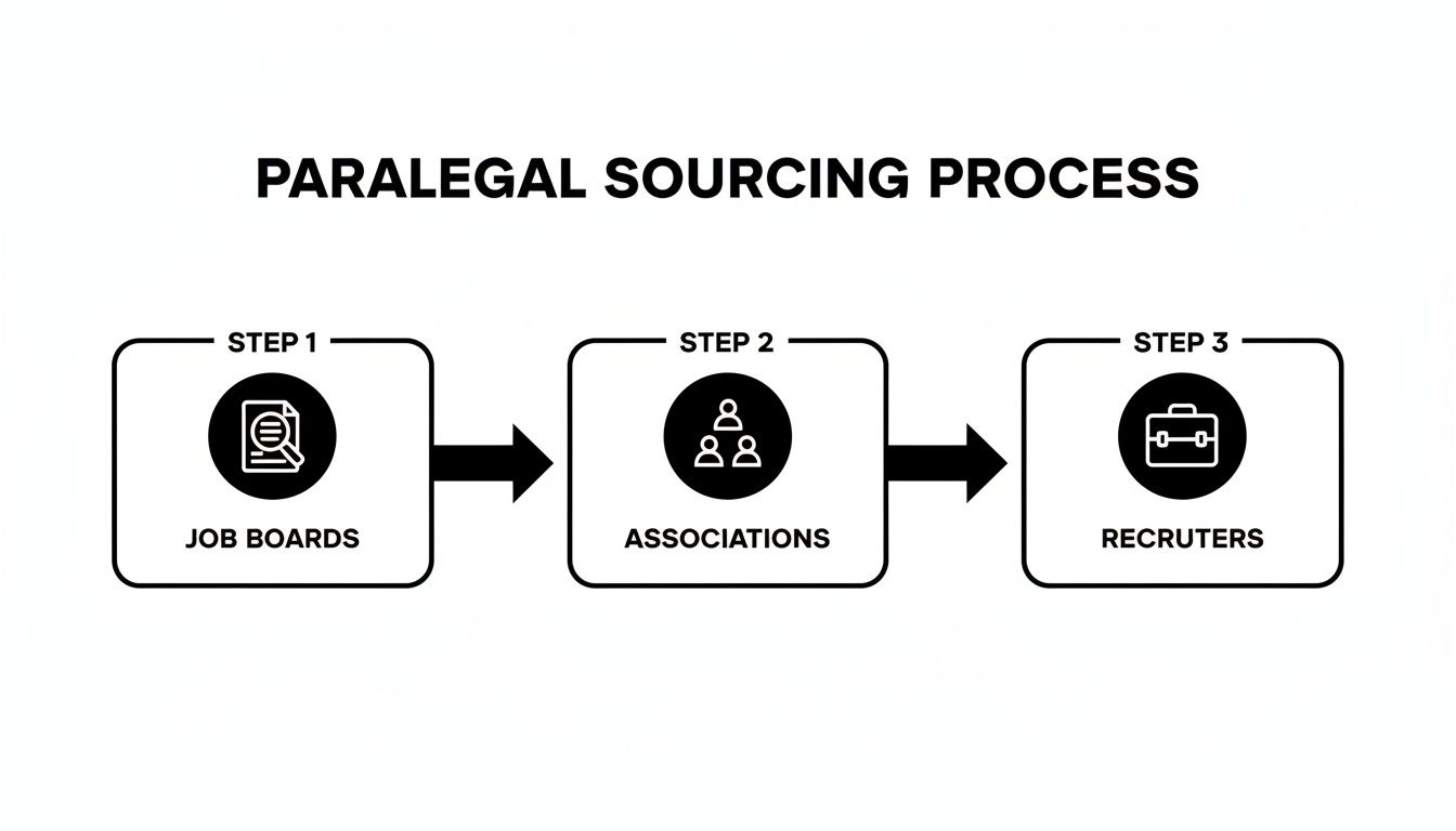 Flowchart illustrating the paralegal sourcing process via job boards, associations, and recruiters.