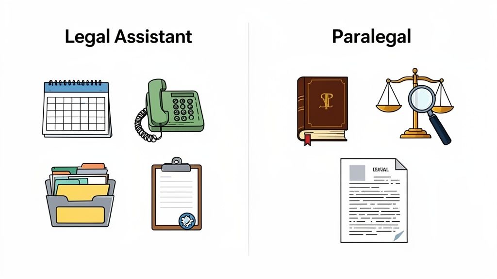 A visual comparison of legal assistant and paralegal roles, depicting their typical tools and responsibilities.