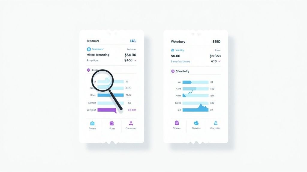 Two mobile app screens displaying financial data, charts, and graphs for analysis.