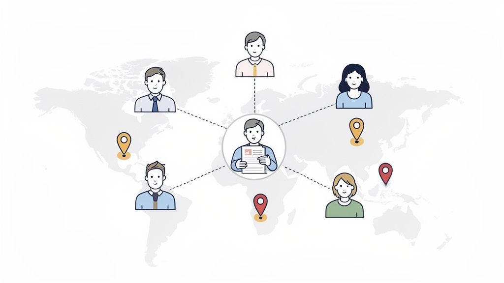 An illustration of a central person reviewing documents, connected to five global team members on a world map.