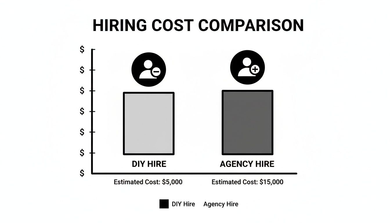 Bar chart comparing DIY hiring costs at $5,000 versus agency hiring costs at $15,000.