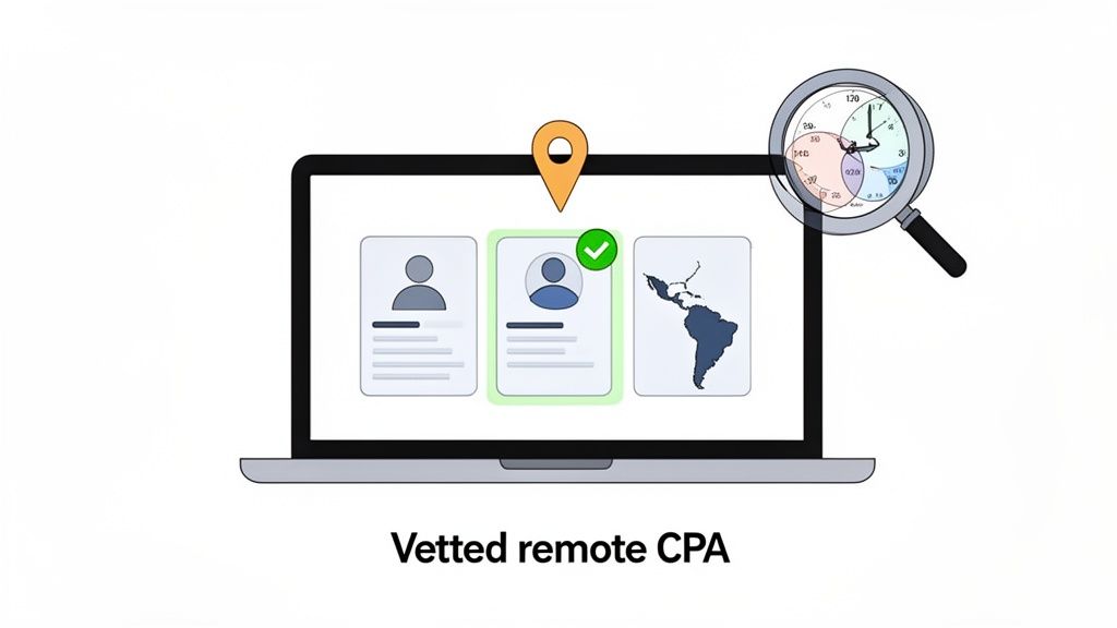 Laptop screen displays vetted remote CPA profiles, a location pin, a map, and a time zone clock.