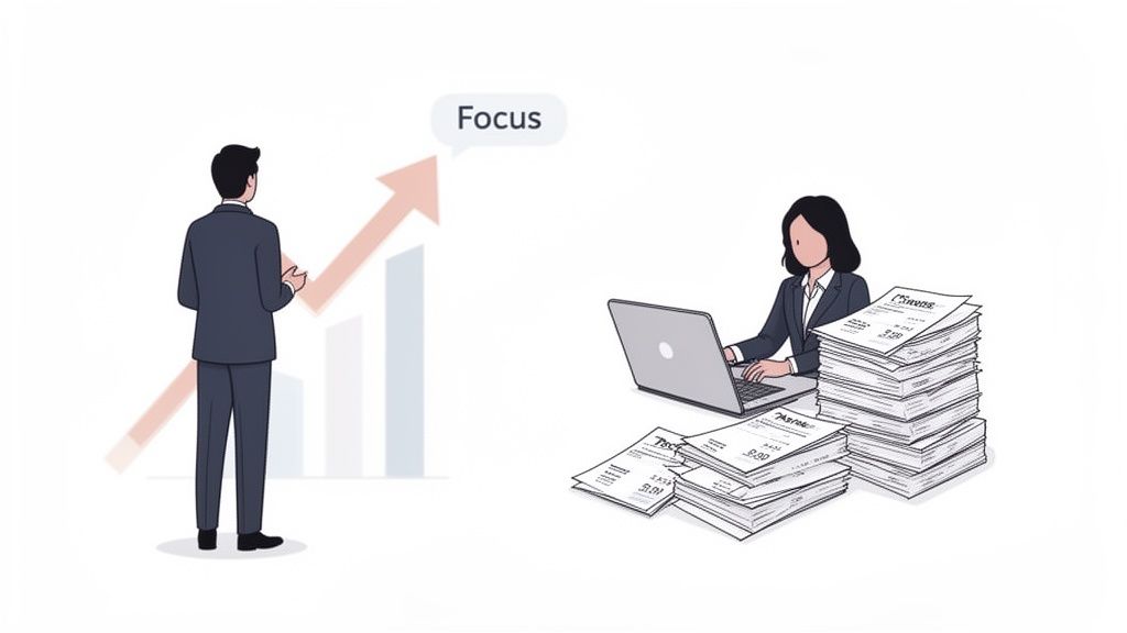 A man views a rising graph and a 'Focus' bubble, while a woman works on a laptop with paperwork.