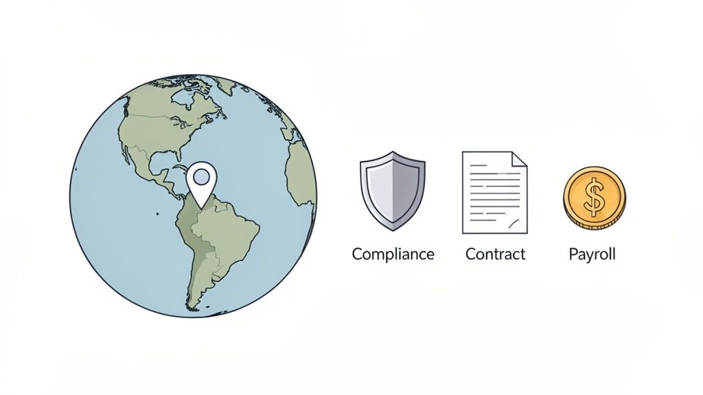 A globe with a location pin in South America, alongside icons for compliance, contract, and payroll.