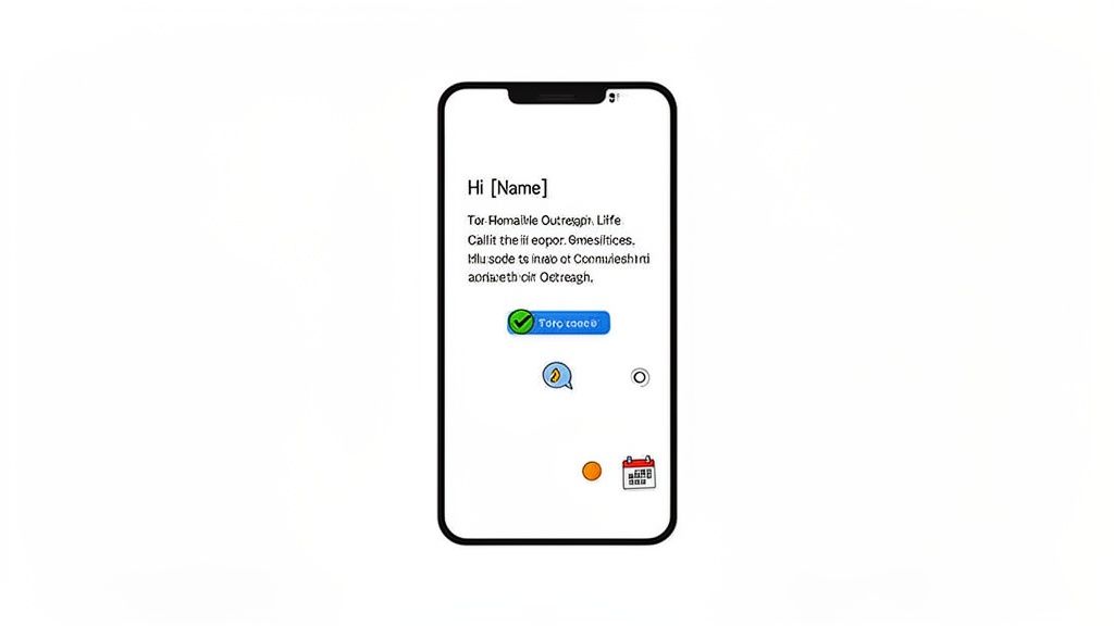 A smartphone screen displaying a message, a button with a green checkmark, and various app icons.