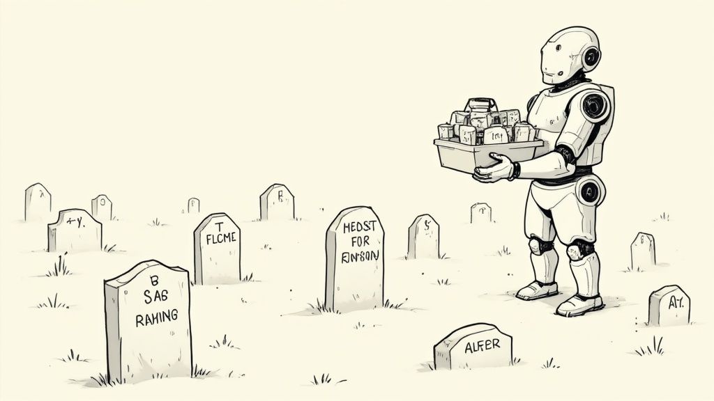 A robot carries a tray of old tech components through a graveyard of obsolete systems.