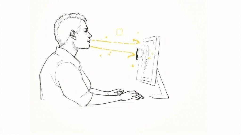 A confident individual is actively engaged in a video interview, using expressive hand gestures and maintaining eye contact with the camera.
