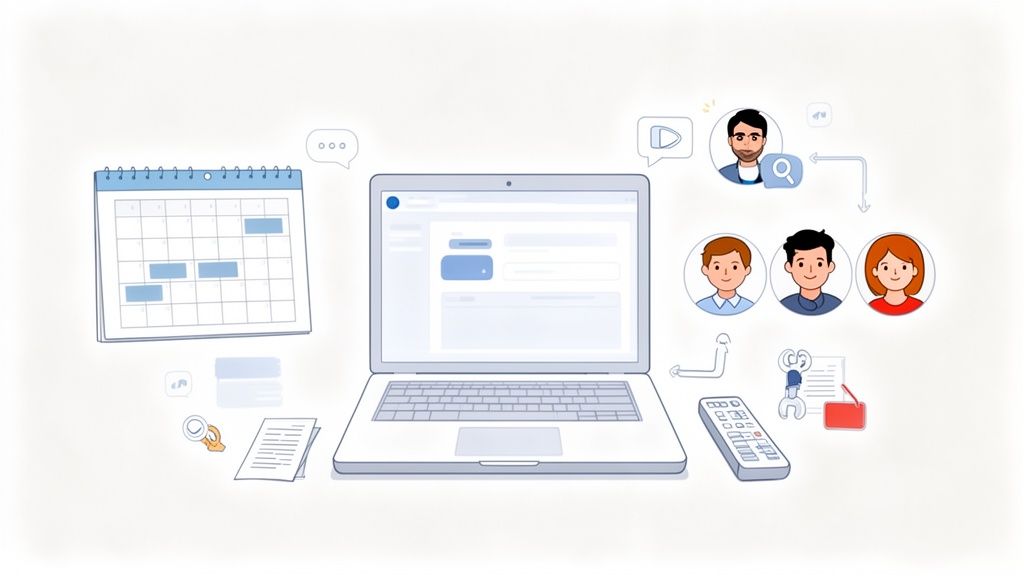 Digital work illustration showing a laptop, calendar, user profiles, communication, and project management tools.