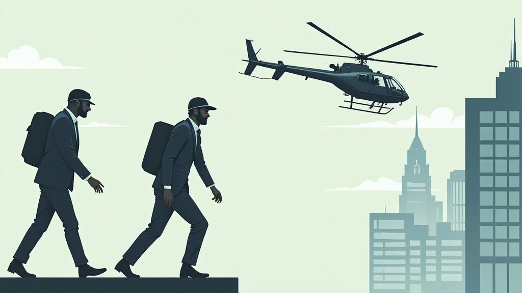 Two suited men with backpacks walk towards a helicopter flying over a city skyline.
