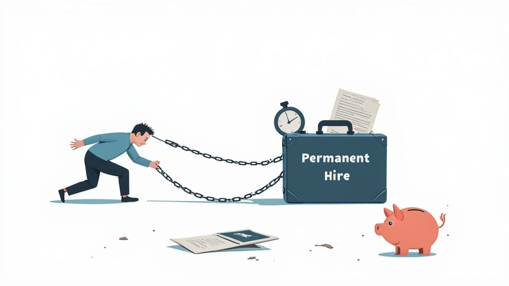 A team of professionals collaborating in a modern office, representing a traditional hiring model.