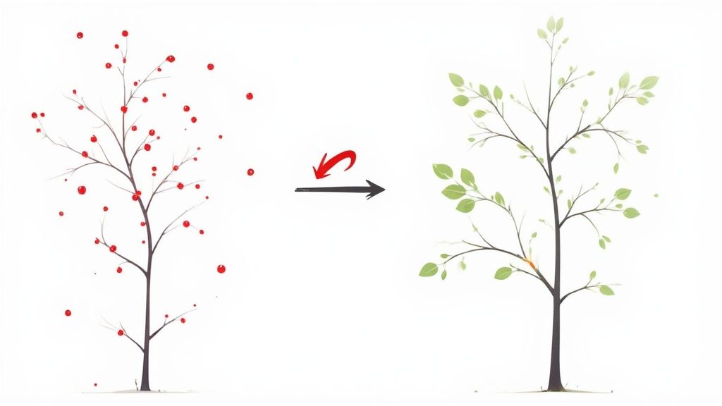 Illustration showing a tree transforming from red berries in winter to green leaves in spring.