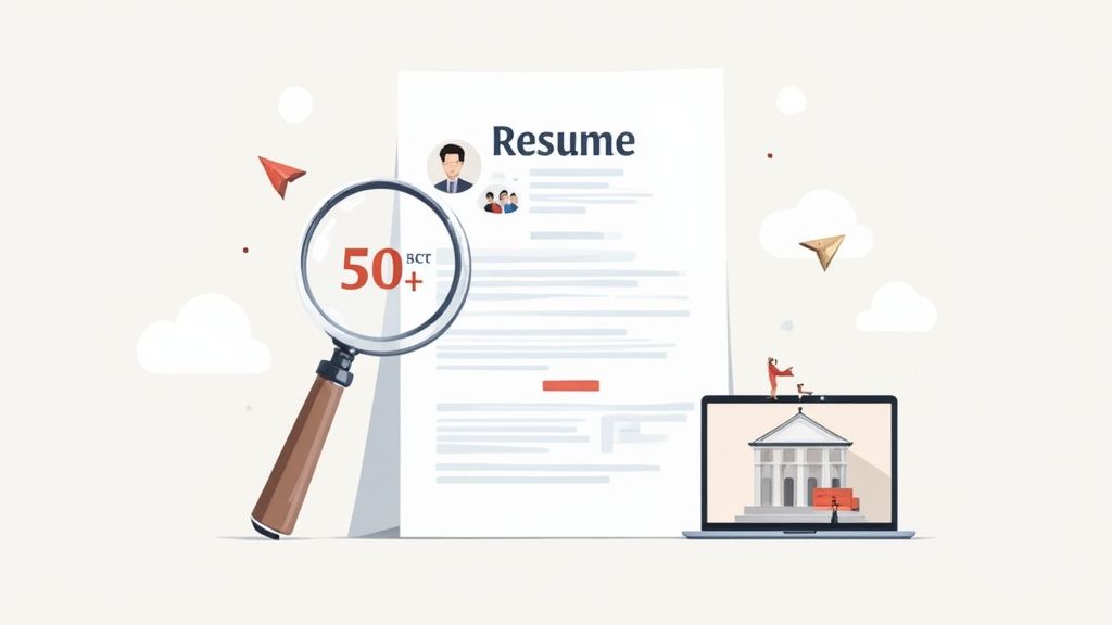 Magnifying glass highlighting 50 plus BCC on resume document with laptop showing courthouse building