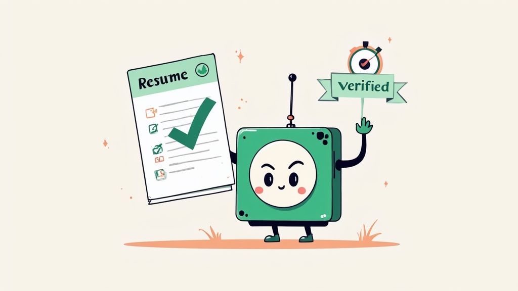 A friendly green robot verifies a resume, holding the document and pointing to a "Verified" banner.