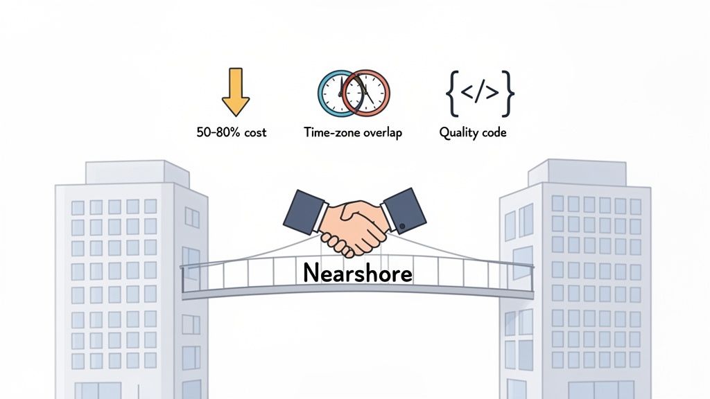 Infographic illustrating nearshore software development benefits: 50-80% cost reduction, time-zone overlap, and quality code.