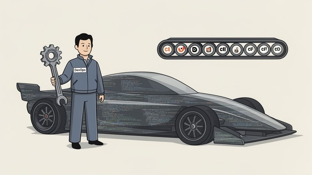 A DevOps engineer with a wrench stands by a code-covered race car and a software development pipeline.