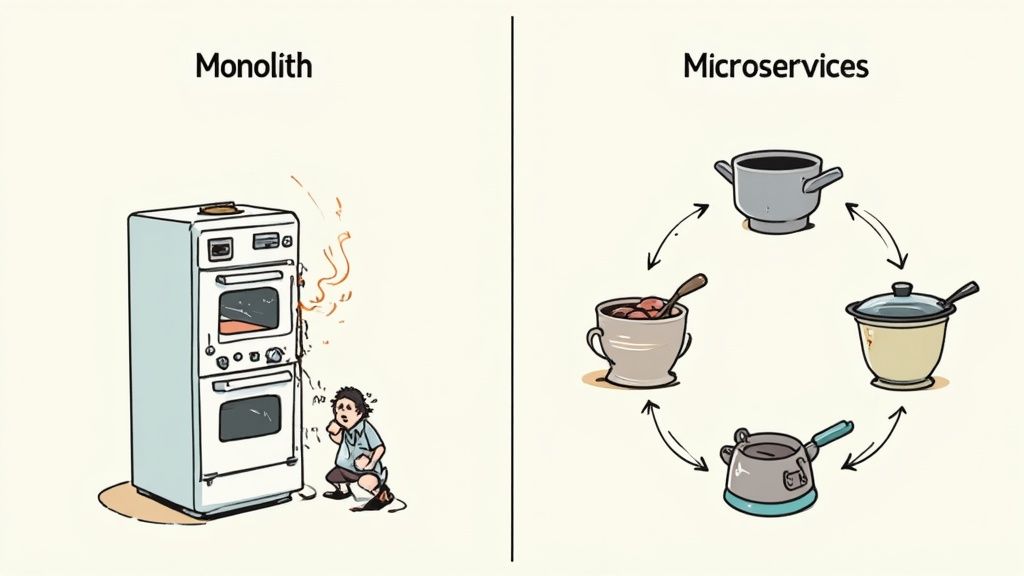 An illustration comparing monolithic software architecture as a broken oven to microservices as independent cooking pots.