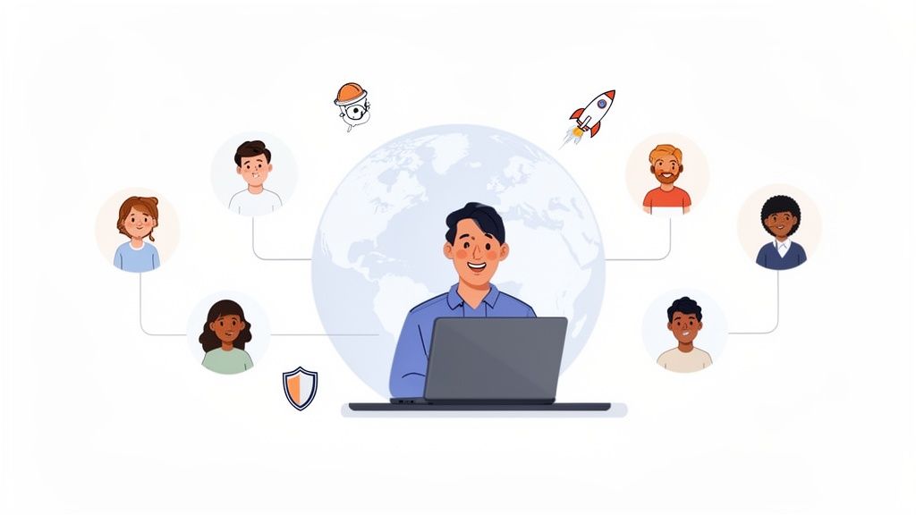 Smiling man on laptop with diverse remote team members connected globally, symbolizing remote work and onboarding.