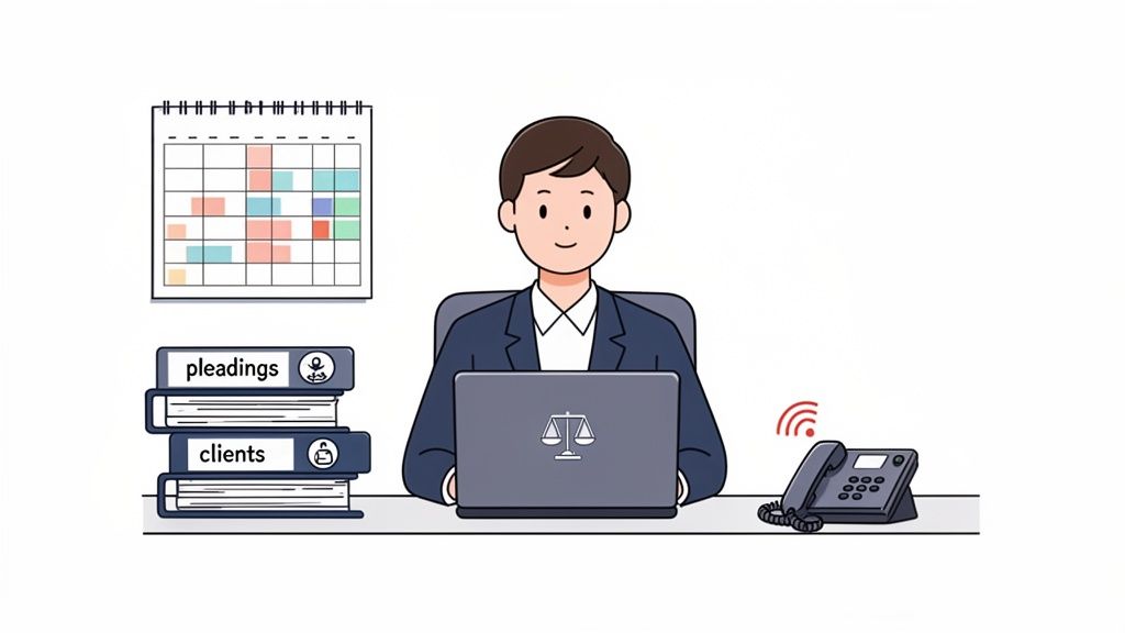 An illustration of a legal professional working at a desk with a laptop, binders, calendar, and phone.