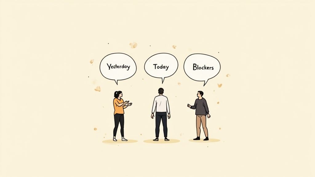 A team having a daily stand-up meeting in an office environment