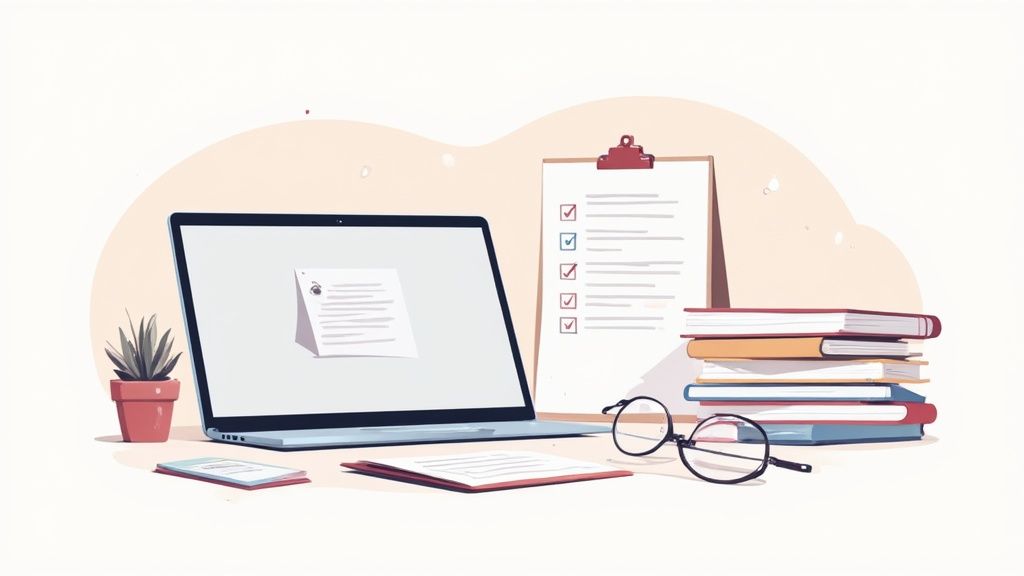 An organized workspace featuring a laptop, a plant, a checklist, a stack of books, and reading glasses.