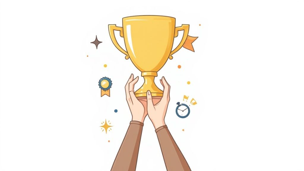 Two hands proudly holding a gleaming golden trophy, surrounded by celebratory stars, a medal, and a stopwatch.