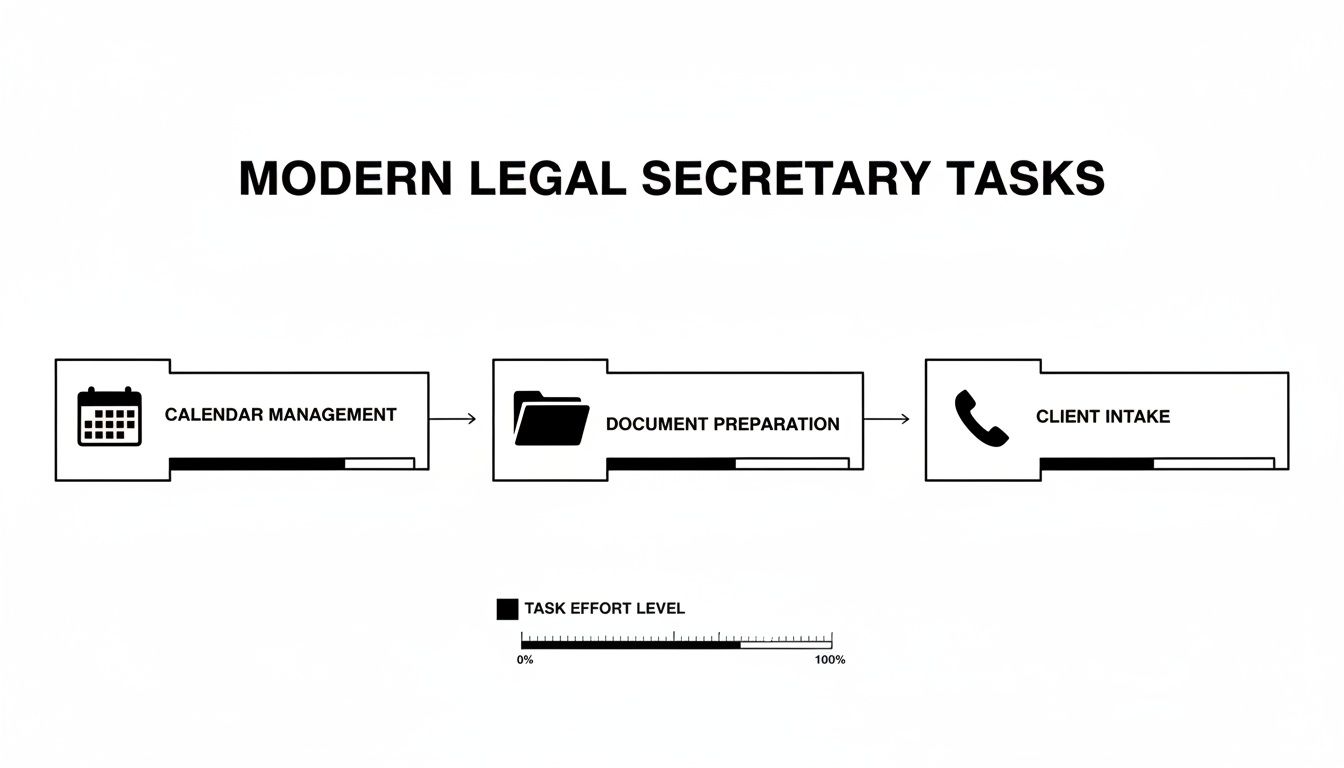 Diagram illustrating modern legal secretary tasks: calendar management, document preparation, and client intake.