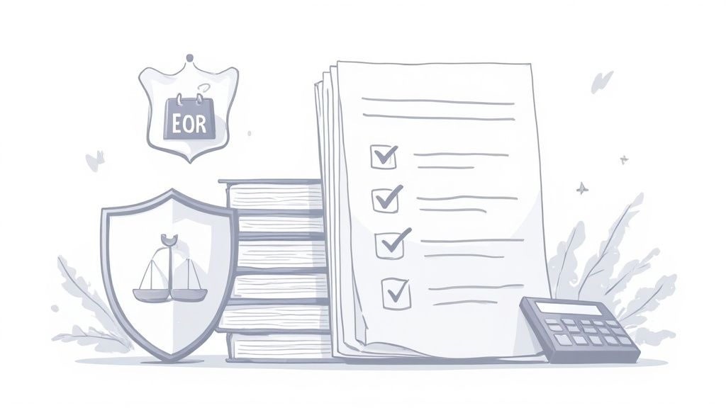 Legal compliance documents with checklist, scales of justice shield, and EOR calendar illustration
