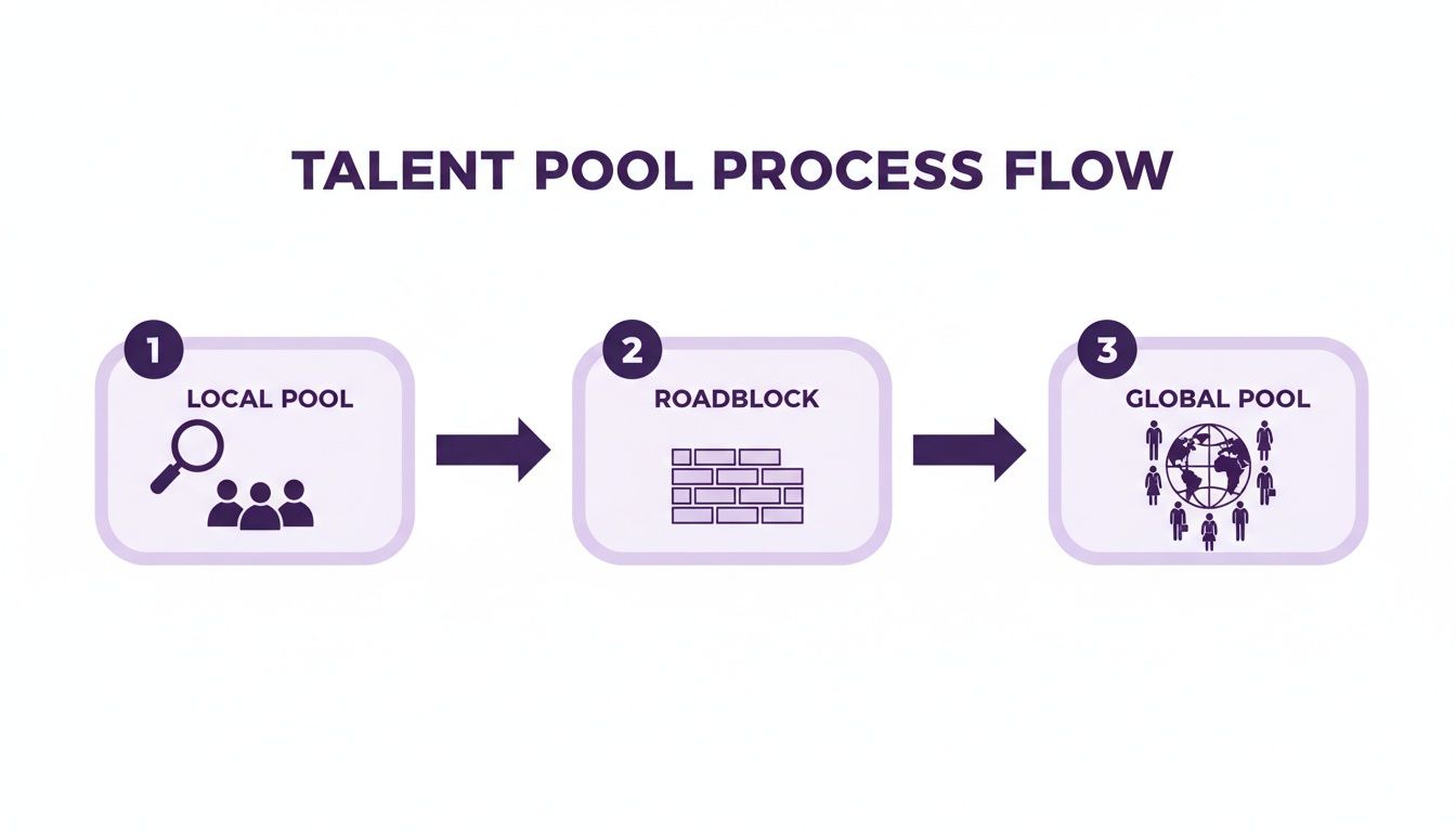 A flow chart illustrating the talent pool process, moving from a local pool past a roadblock to a global pool.