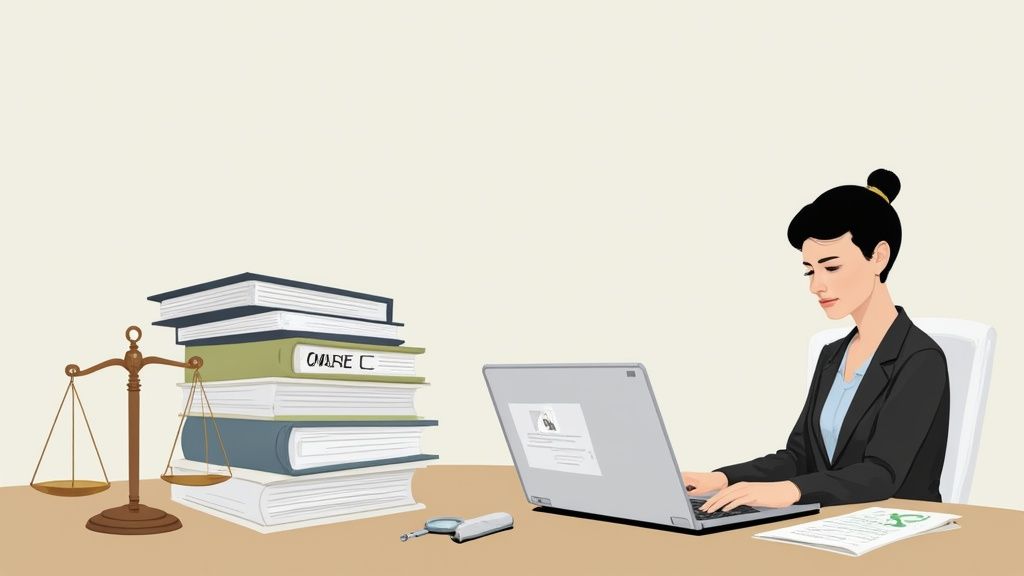 Professional woman working on laptop at desk with law books and scales of justice