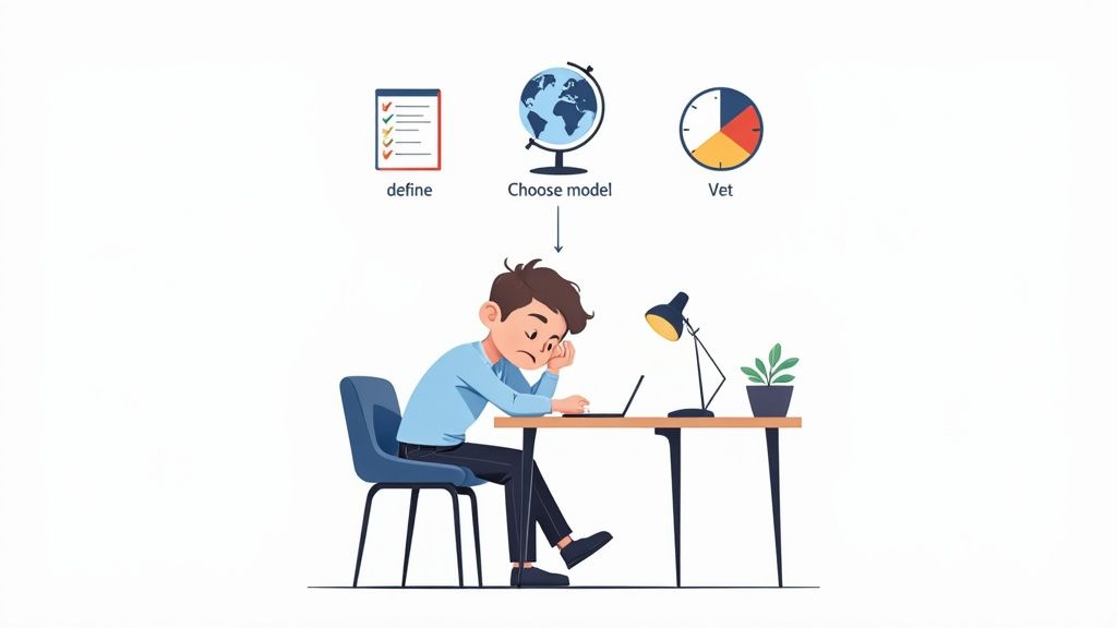 A tired cartoon man at his laptop, overwhelmed by a business process flow: define, choose model, vet.