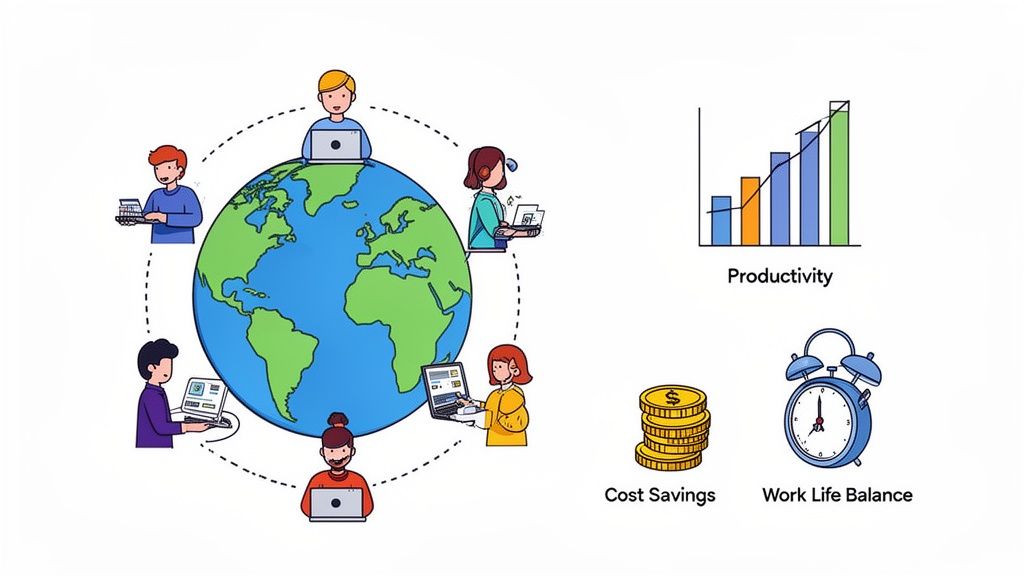 Illustration of global remote work with people using laptops around a globe, showing benefits like productivity, cost savings, and work-life balance.