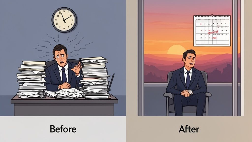 Illustration of a businessman overwhelmed with paperwork then relaxed, enjoying a sunset after outsourcing.