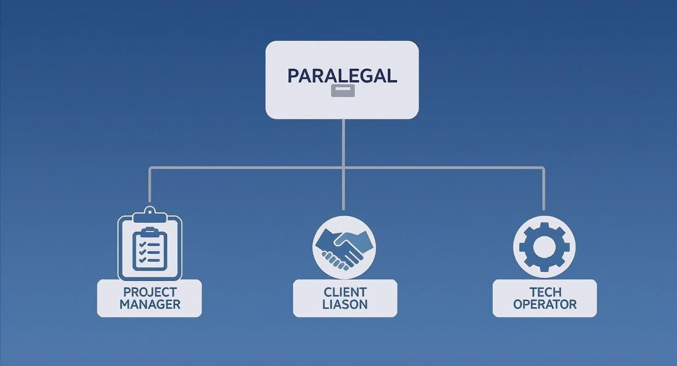 An organizational chart illustrating the paralegal role and its associated positions: project manager, client liaison, and tech operator.