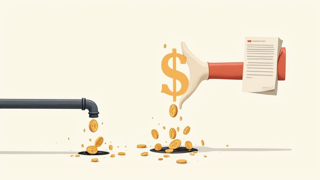 A person sitting at a desk with money seemingly flying out of their laptop, illustrating financial leakage.