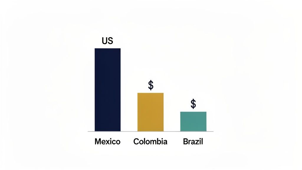 Bar chart comparing costs, showing US/Mexico as highest, followed by Colombia and Brazil as lower cost options.