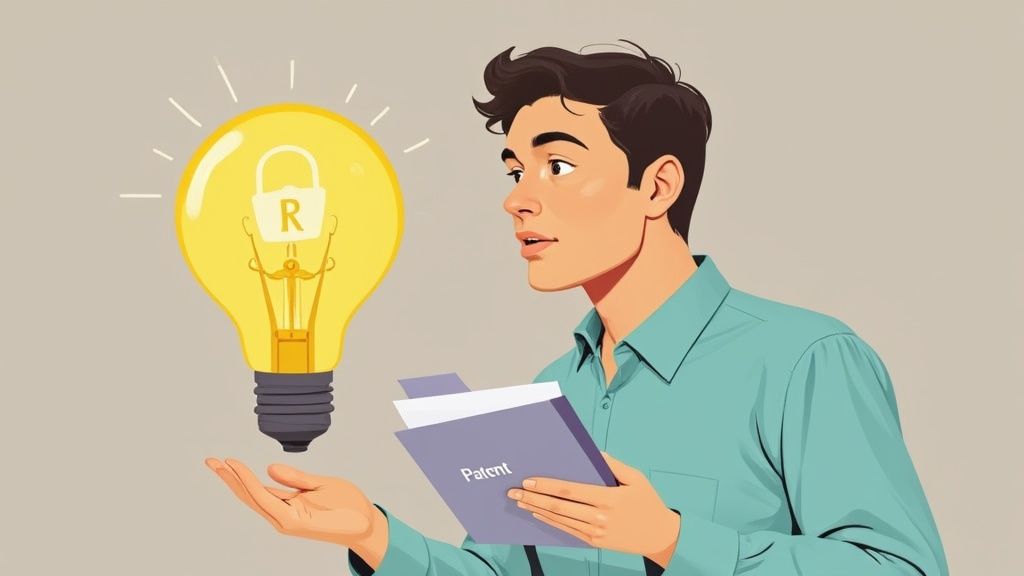 Man holding patent documents looking at glowing lightbulb representing intellectual property innovation