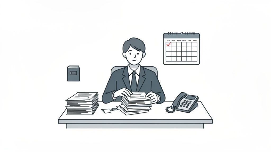 A smiling male office worker in a suit sorts papers at a desk with a phone and calendar.
