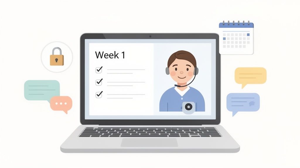 Illustration of a laptop displaying an online course with a virtual instructor, checklist, calendar, and chat bubbles.