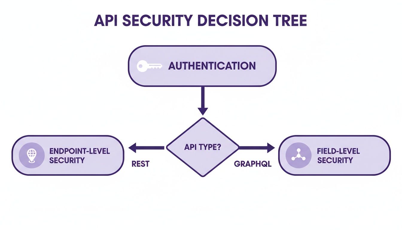 API security decision tree showing authentication, then choosing between REST for endpoint-level and GraphQL for field-level security.