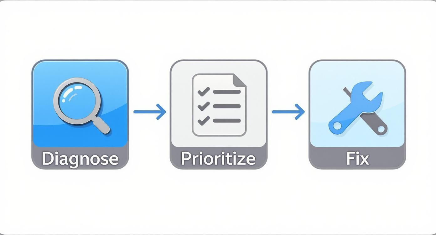 A three-step process diagram showing Diagnose (magnifying glass), Prioritize (checklist), and Fix (tools).