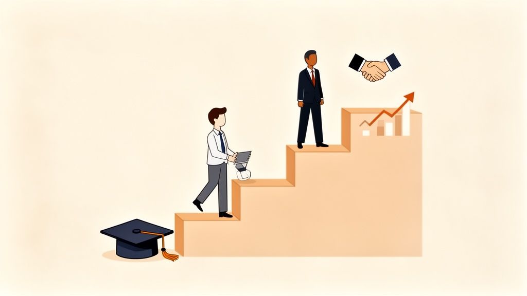 Illustration of a student climbing career stairs towards a businessman and success.